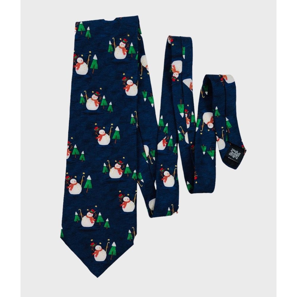 Vintage Holiday Traditions Mens Necktie Silk Snowman Christmas Tree Winter